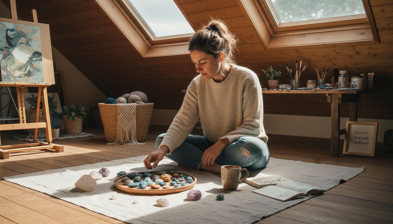 Une femme trie des pierres, assise sur un tapis baigné de soleil. Image
