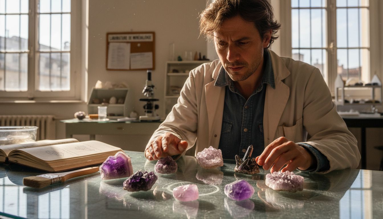 Présentation de sept variétés naturelles d’améthystes disposées sur une table de laboratoire. Image