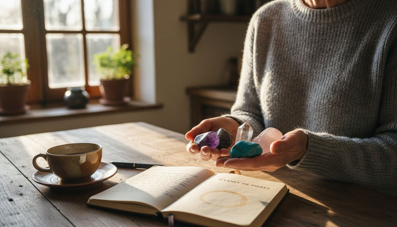 Assise à sa table de cuisine, une femme trie soigneusement des pierres aux vertus protectrices. Image