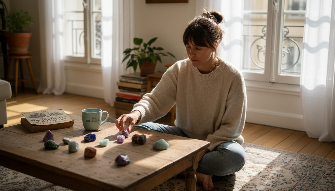 Une femme dispose soigneusement des galets dans un salon chaleureux et accueillant. Image