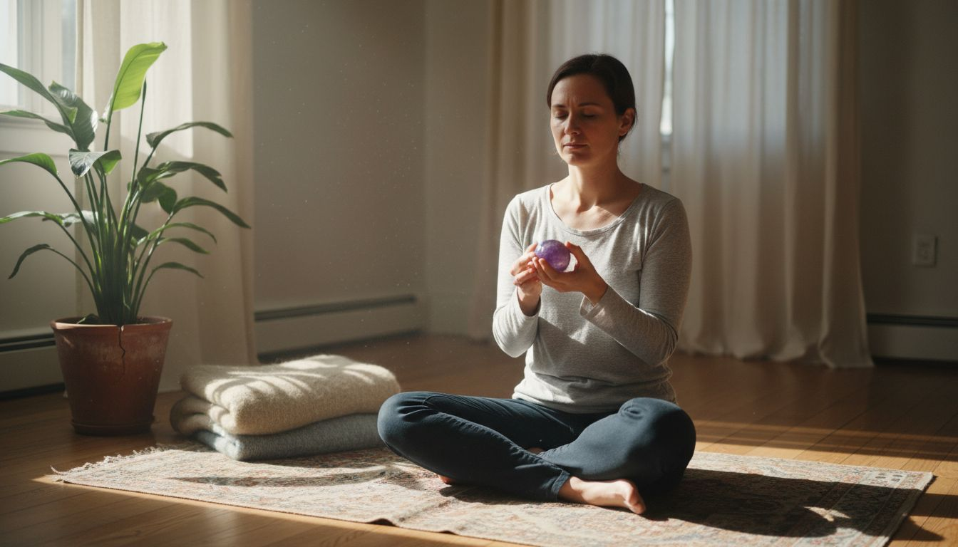 Une femme ressent l’énergie d’une pierre qu’elle tient dans la main. Image