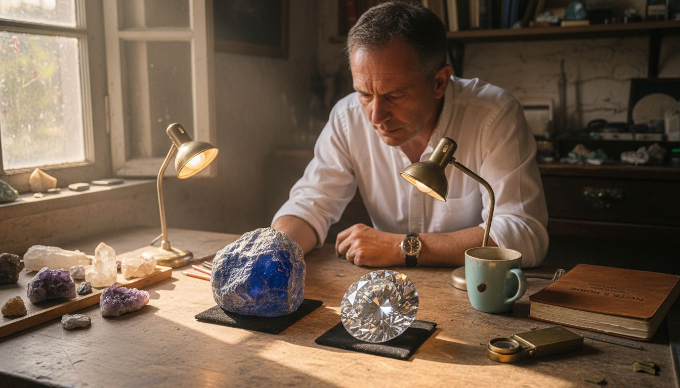 Un gemmologue en pleine analyse, mettant en parallèle les pierres naturelles et leurs équivalents synthétiques. Image