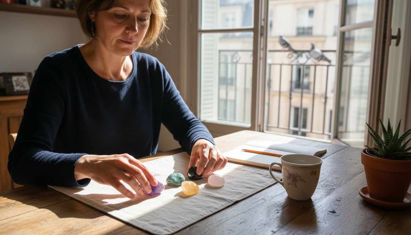 Une femme dispose soigneusement des pierres énergétiques sur une table baignée de soleil. Image