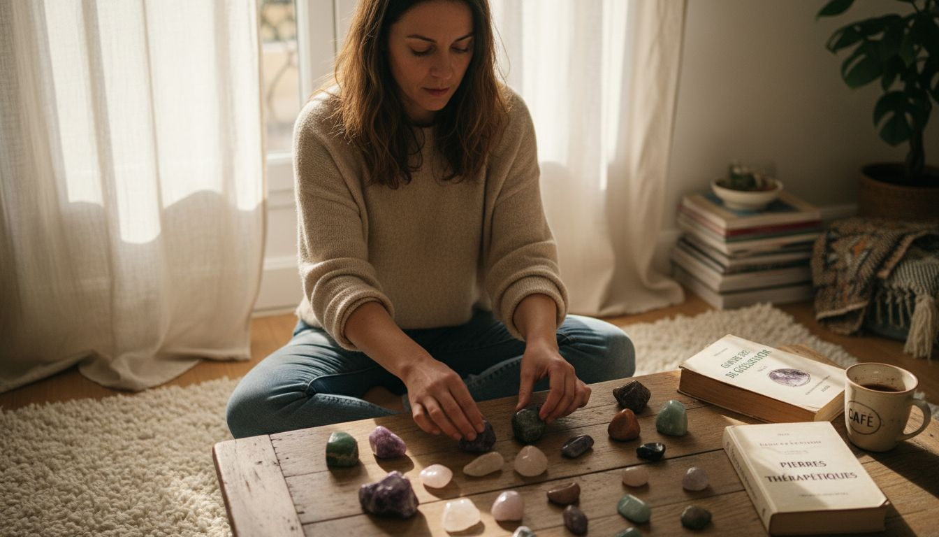 Une femme choisit soigneusement des pierres de soin, à la recherche de celles qui favoriseront son bien-être. Image