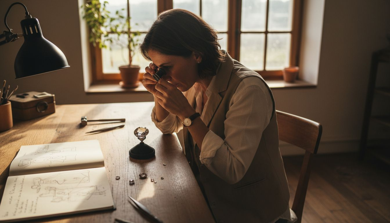 Une artisane observe attentivement une pierre naturelle dans son atelier. Image