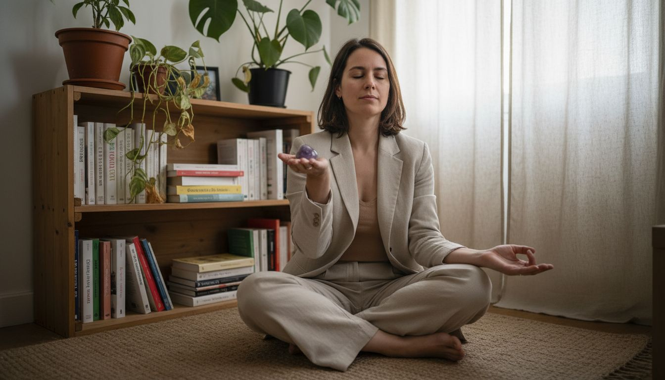 Une femme en pleine méditation, tenant une améthyste, installée dans le confort douillet de son salon. Image