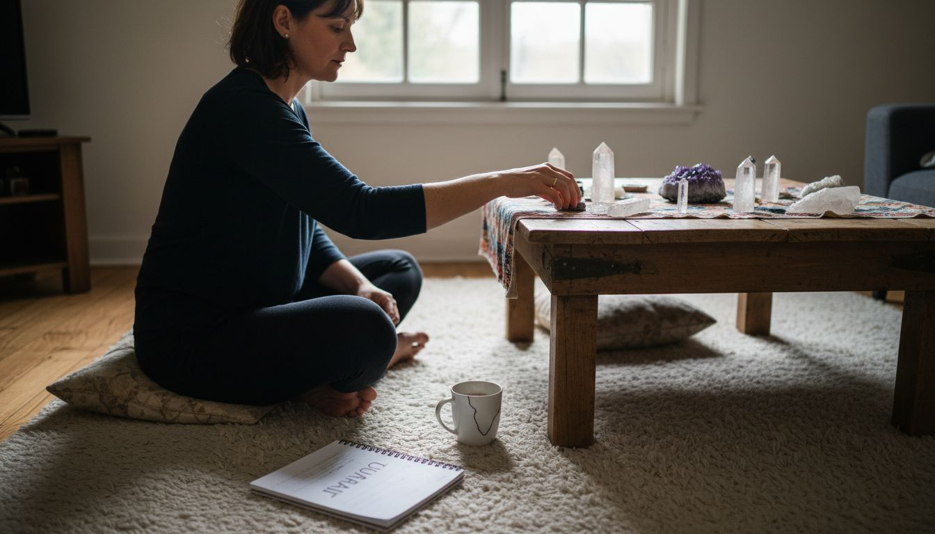 Une femme pratique la méditation, entourée de cristaux, baignée par la lumière du matin. Image