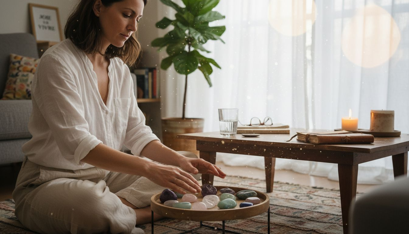 Une femme sélectionne des pierres naturelles pour prendre soin de son bien-être. Image