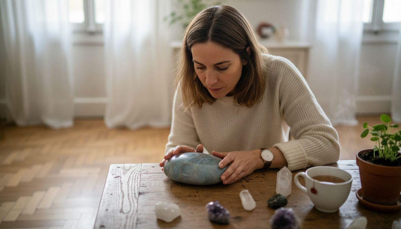 Une femme observe attentivement une pierre naturelle posée sur la table. Image