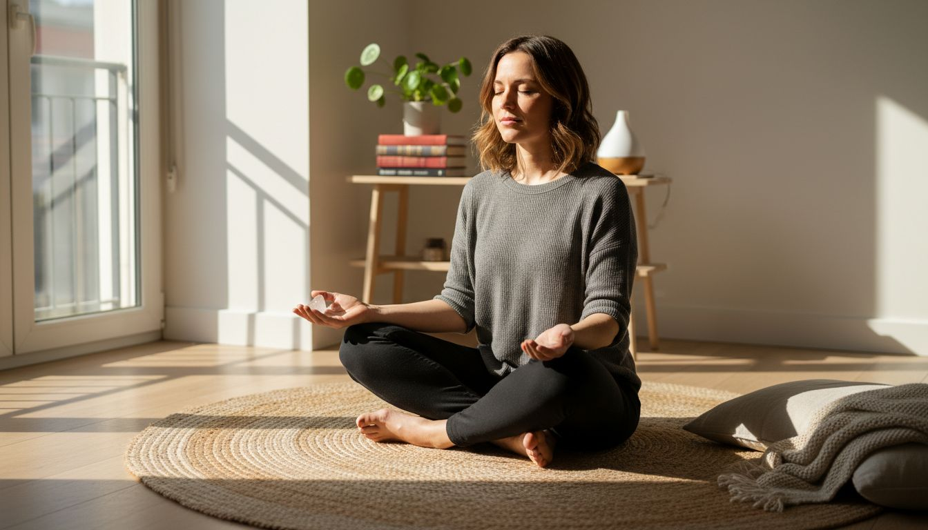 Une femme assise dans un salon baigné de lumière pratique la méditation, un cristal posé entre ses mains. Image