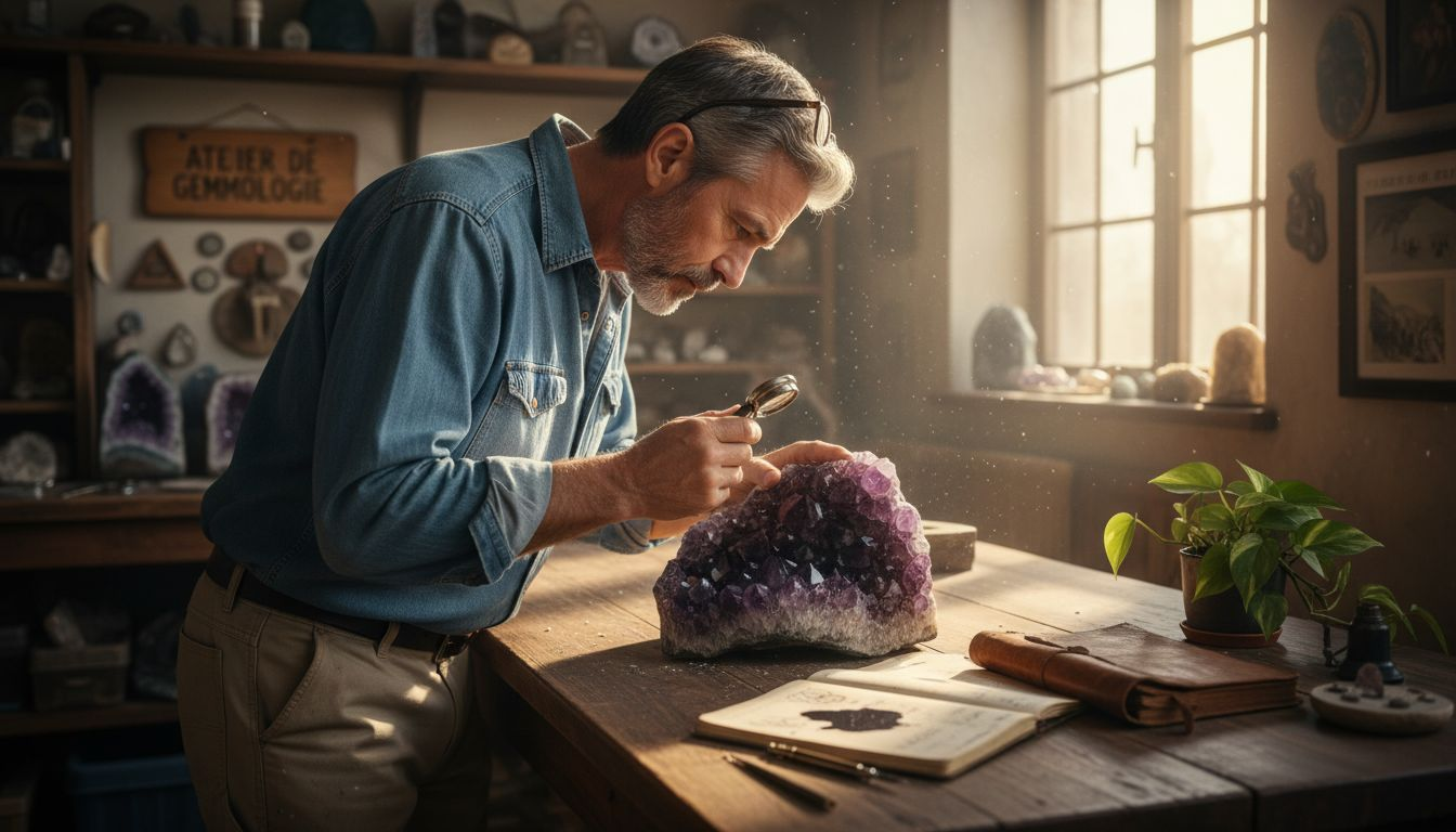 Un homme observe attentivement une améthyste, cherchant à en percer les secrets. Image