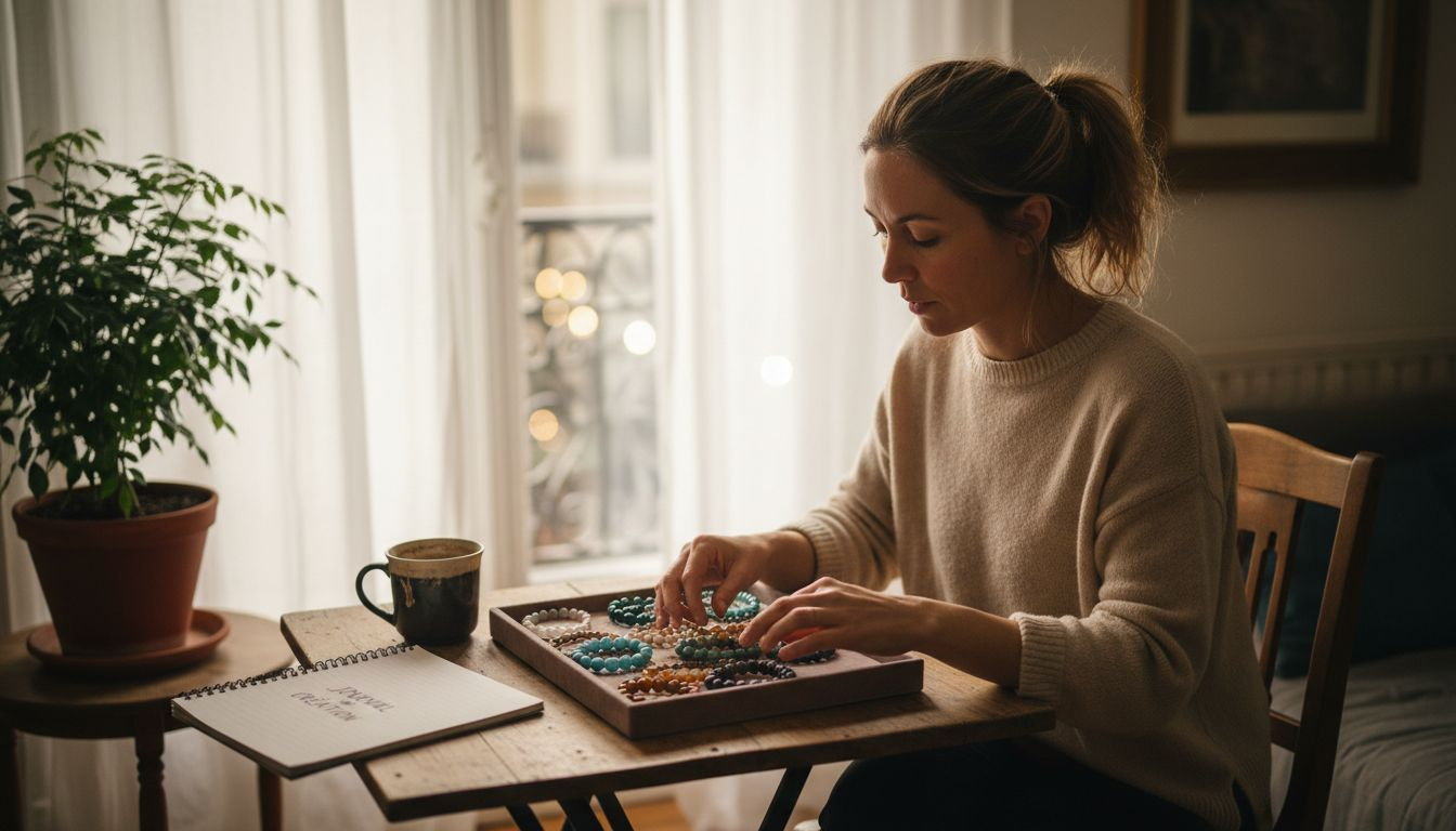 Une femme prend le temps de sélectionner ses bijoux en pierres naturelles tranquillement chez elle. Image