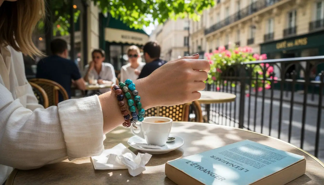 Assise à la terrasse d’un café, une femme arbore des bracelets en pierres naturelles à son poignet. Image