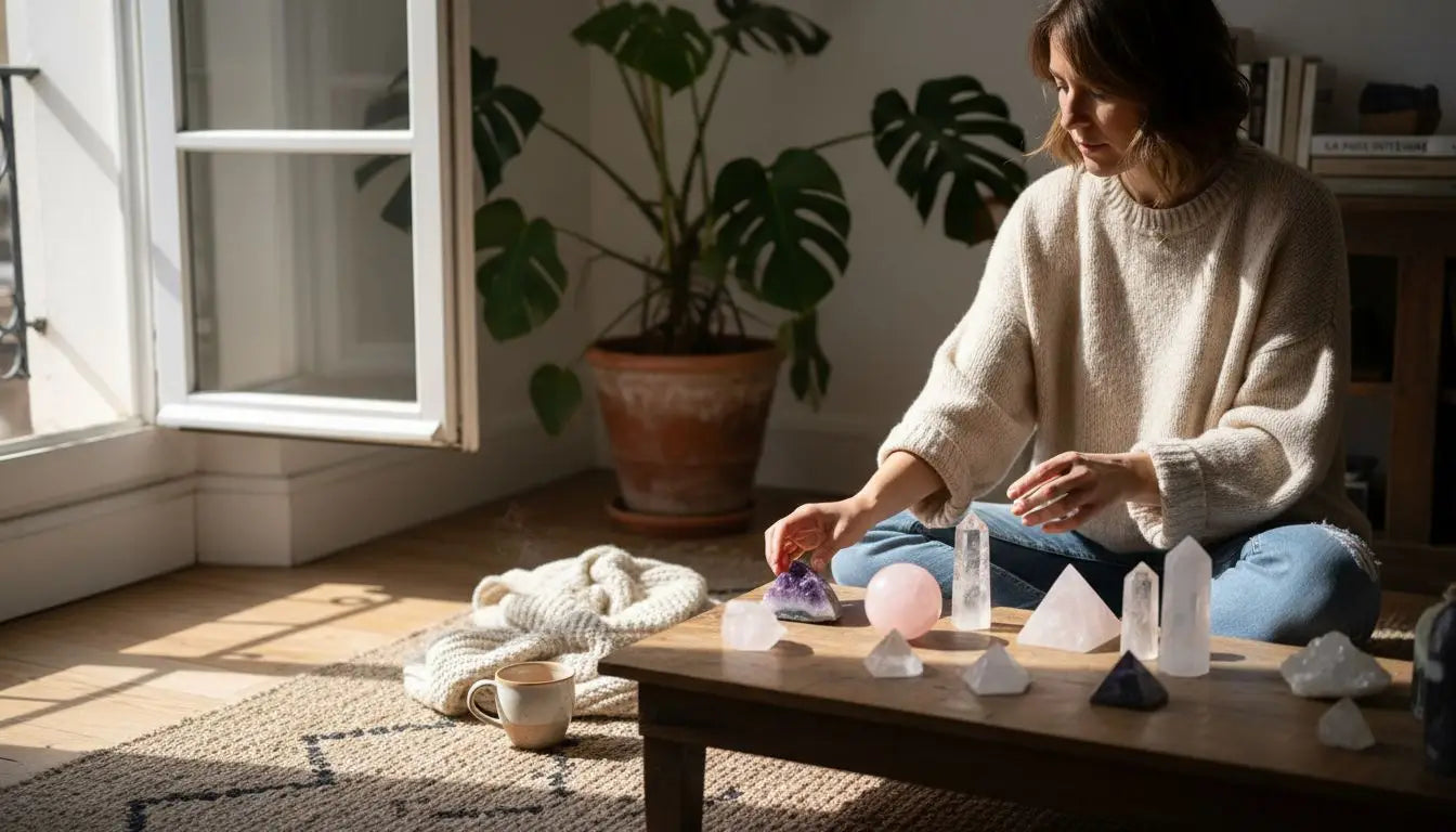 Dans un salon baigné de lumière où règne la sérénité, une femme dispose soigneusement ses cristaux. Image
