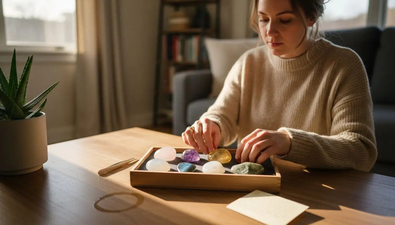 Woman arranging natural stones as a thoughtful gift Image