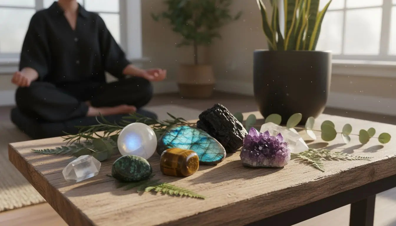 Seven protective stones on wood in natural light Image