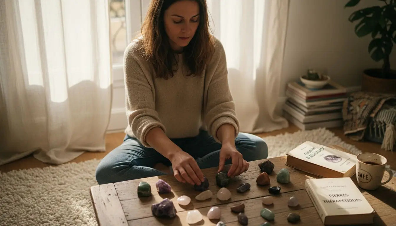 Une femme choisit soigneusement des pierres de soin, à la recherche de celles qui favoriseront son bien-être. Image