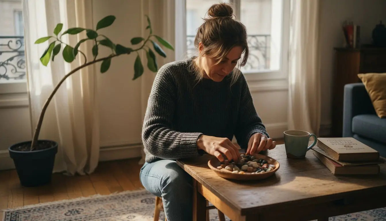 Woman arranging natural stones in living room Image