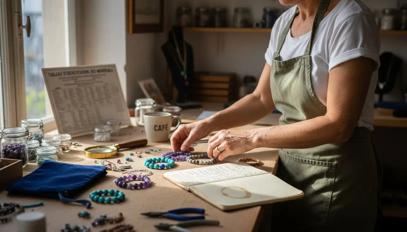 Un artisan dispose avec soin des bracelets en pierres naturelles, veillant à mettre en valeur leur énergie et leur éclat. Image