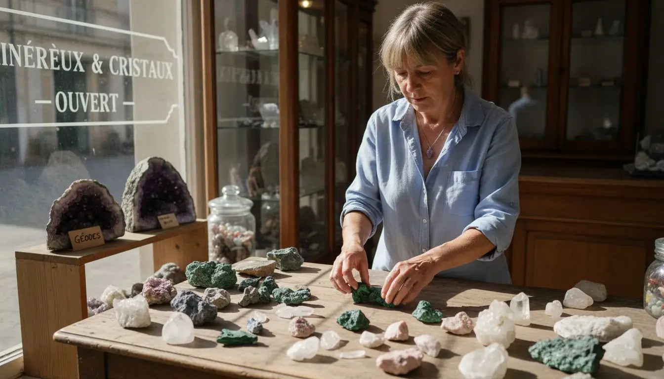 Un gemmologue dispose soigneusement des pierres précieuses et des cristaux sur une table, prêt à les examiner de plus près. Image