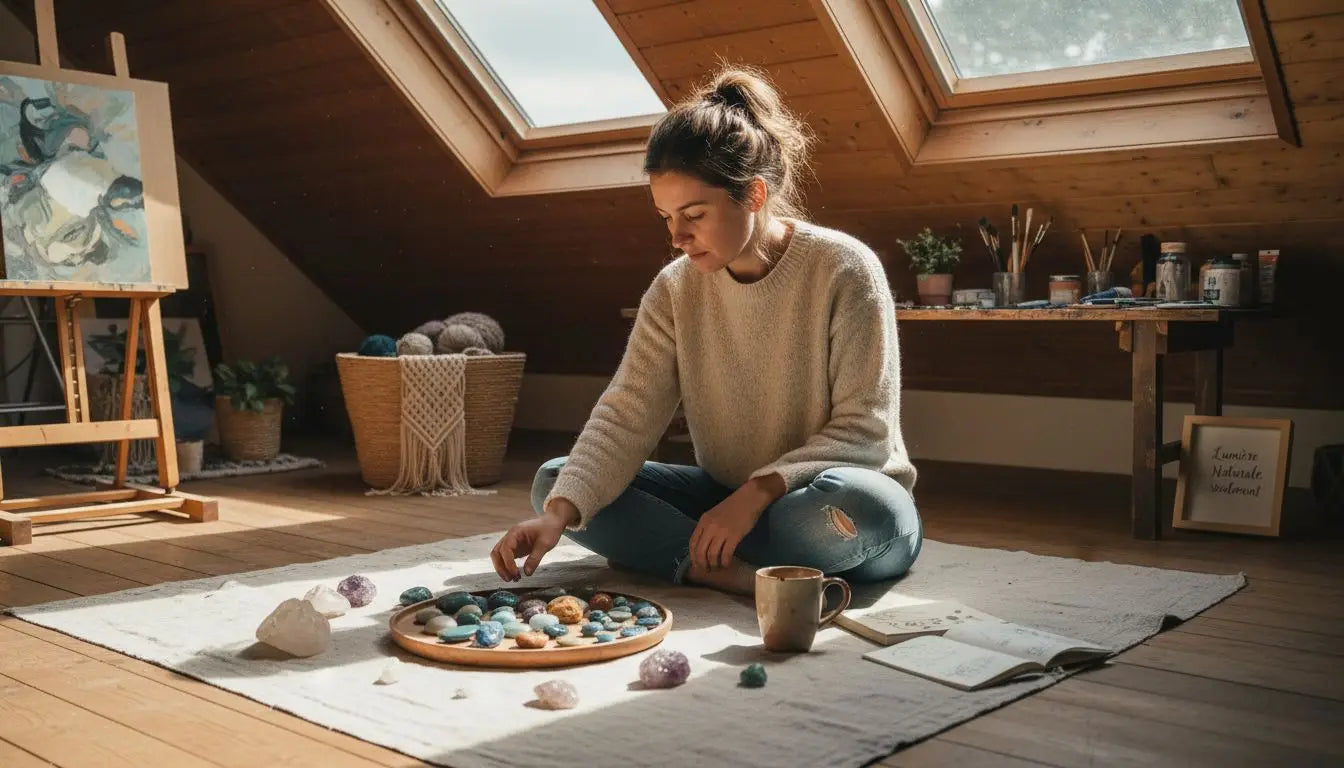 Une femme trie des pierres, assise sur un tapis baigné de soleil. Image