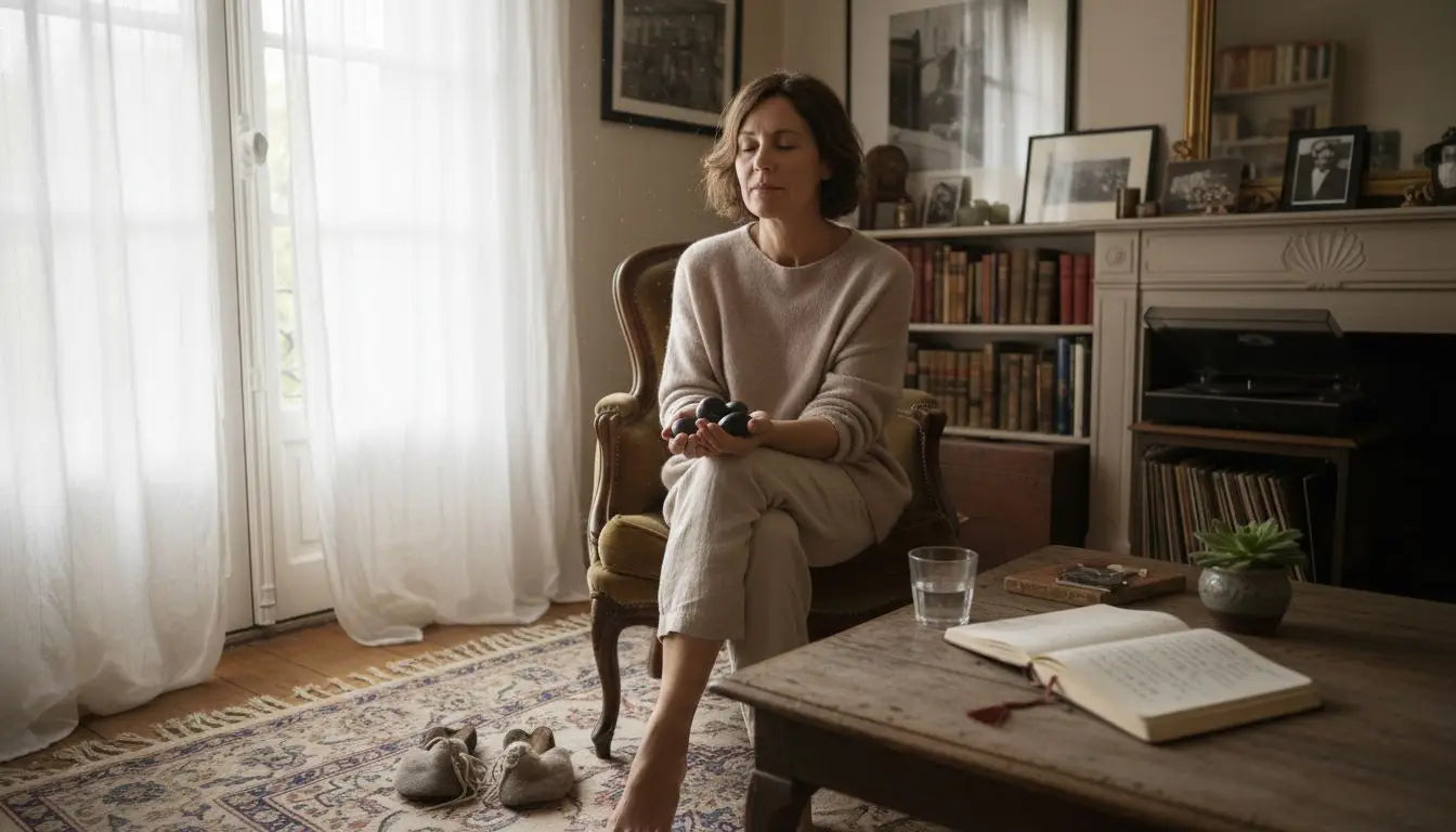 Une femme tient des pierres dans ses mains, baignée par la lumière du soleil dans son salon. Image