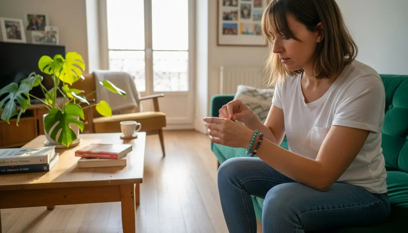 Une femme en train de glisser à son poignet un élégant bracelet composé de pierres naturelles. Image