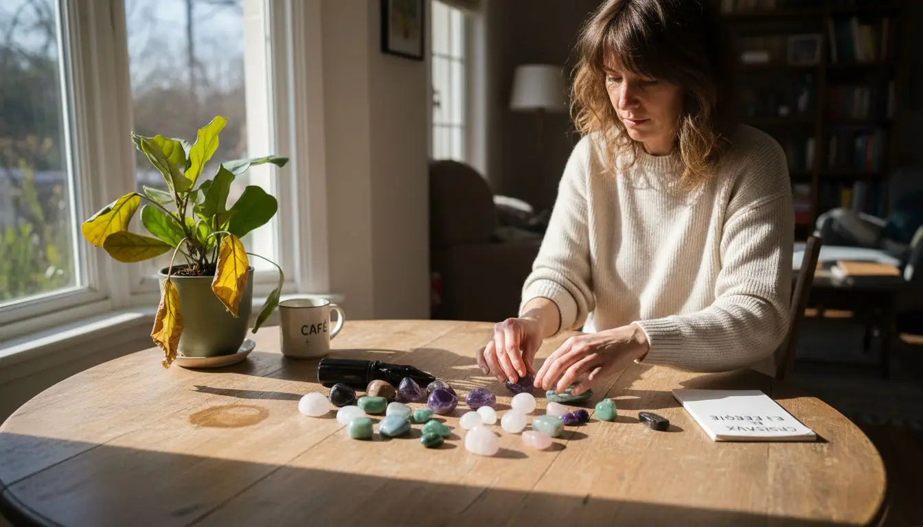Une femme dispose soigneusement des pierres précieuses sur une table en bois. Image
