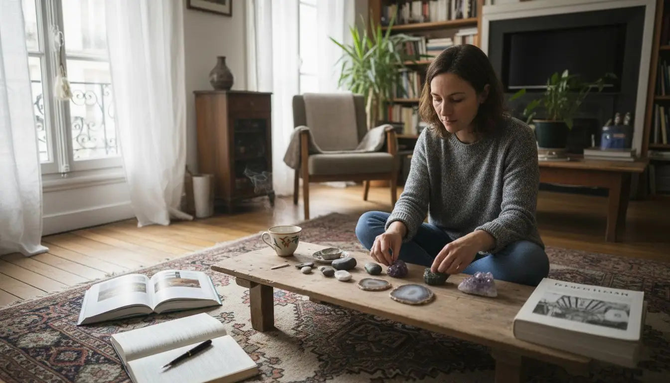 Woman arranging natural stones in living room Image