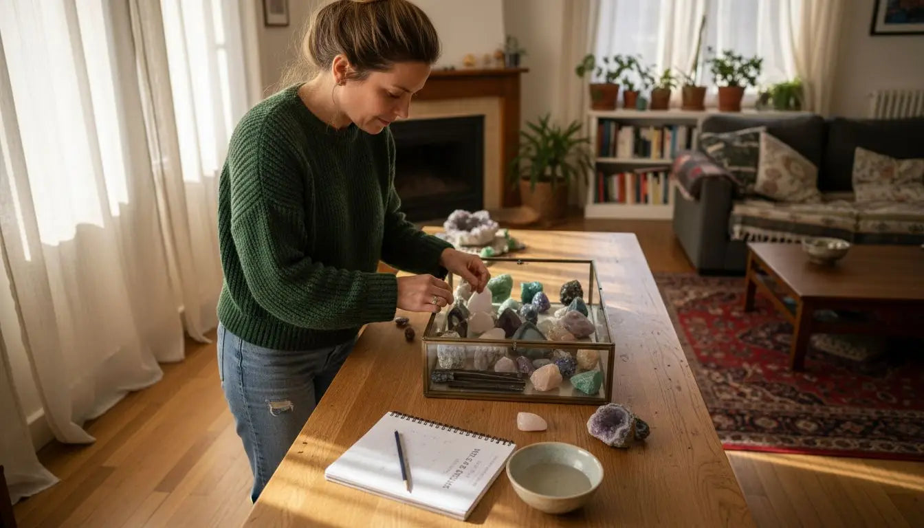 Une femme en train de ranger sa collection de pierres dans son salon. Image