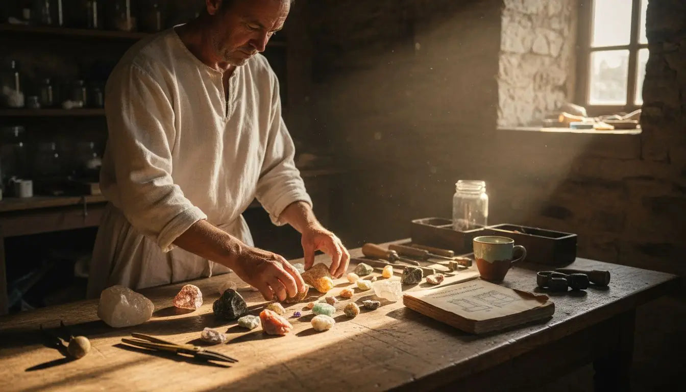 Un artisan dispose avec soin de précieuses pierres anciennes sur une table en bois brut, laissant parler tout le charme de l’authenticité. Image