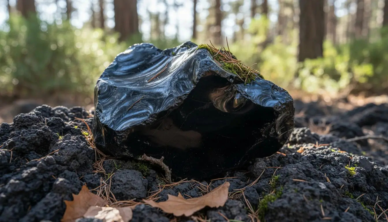 Obsidian stone on forest floor with moss Image