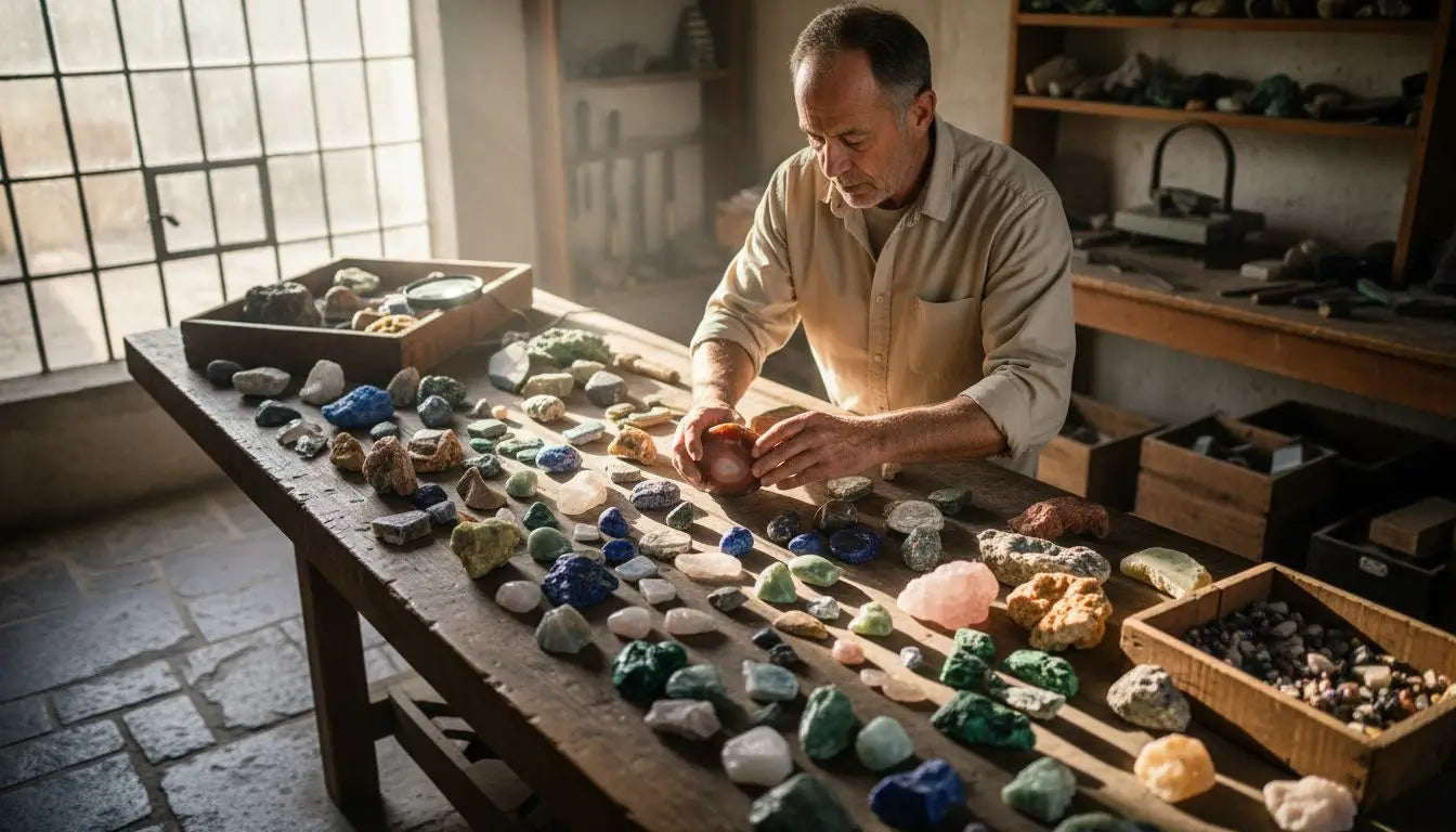 Marchand examinant pierres naturelles dans atelier Image