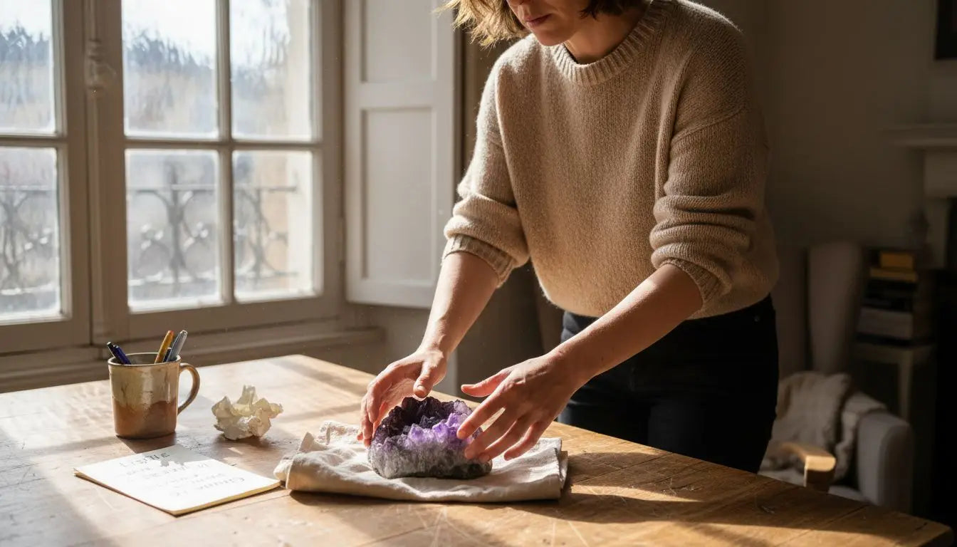 Une améthyste posée sur une table en bois, baignée par la lumière du soleil. Image