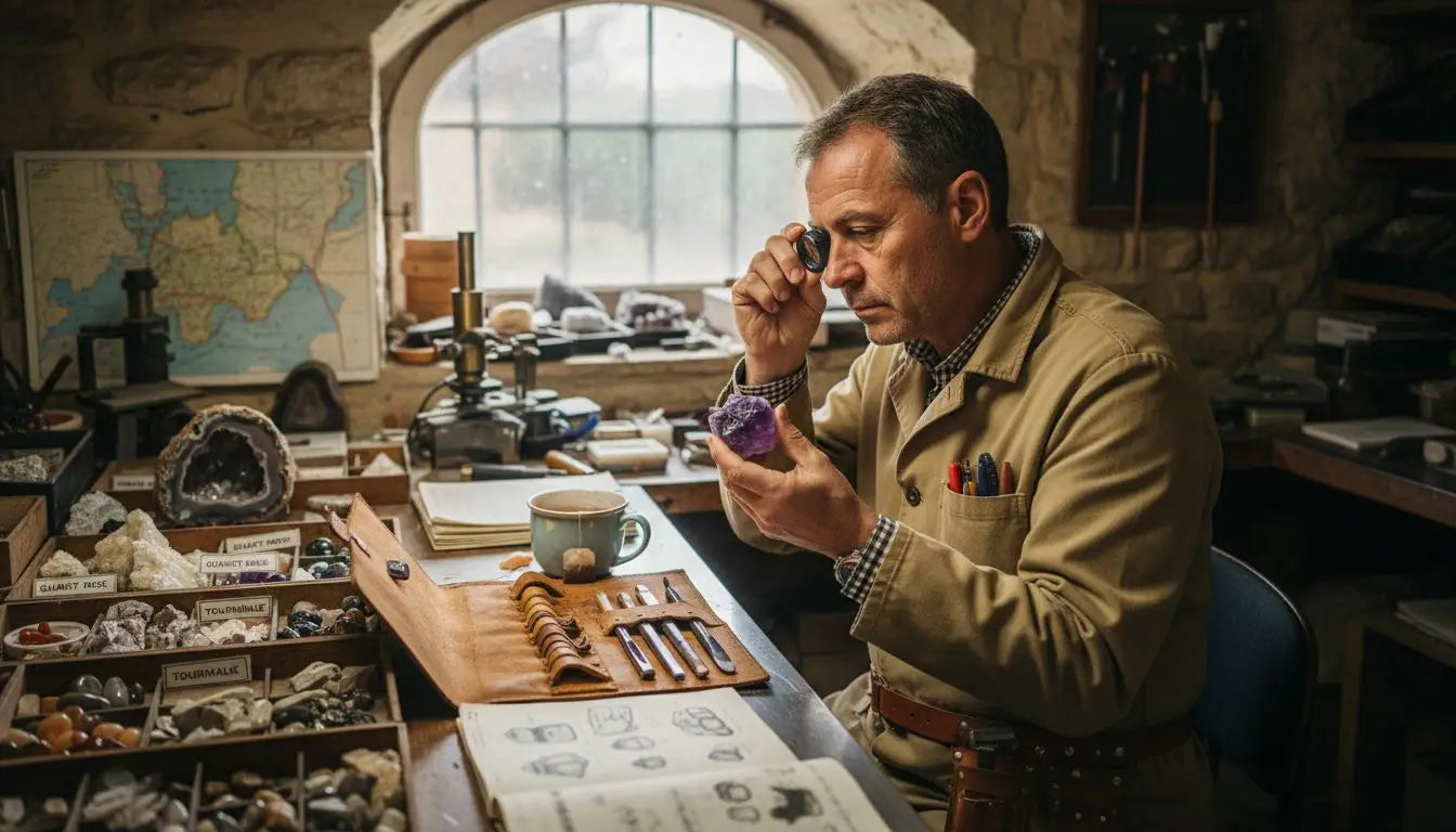 Dans son atelier, un gemmologue observe attentivement une améthyste afin d’en analyser toutes les subtilités. Image