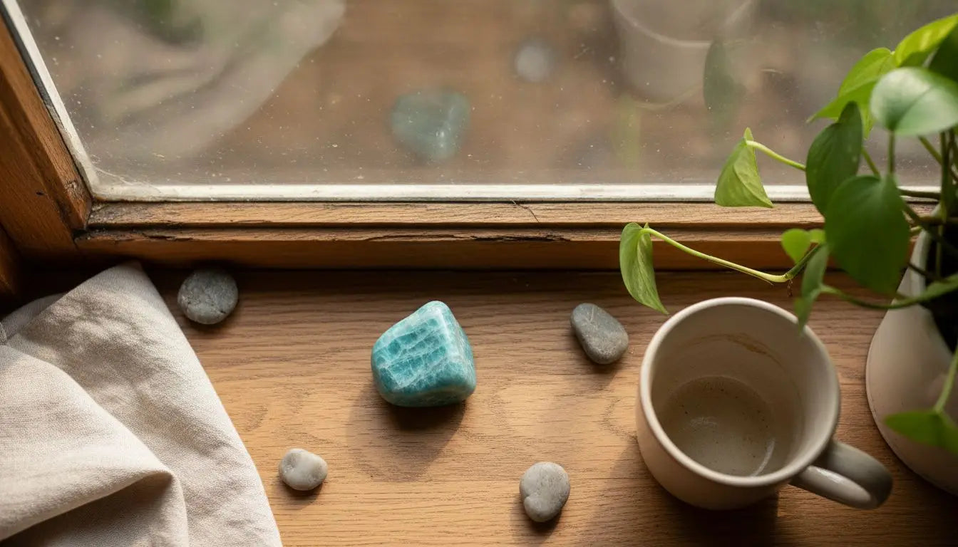 Un galet d’amazonite posé sur le rebord d’une fenêtre, baigné par la lumière du soleil. Image