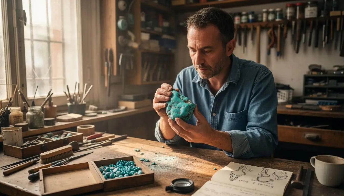 Un artisan examine attentivement une pierre de turquoise brute posée sur sa table de travail. Image