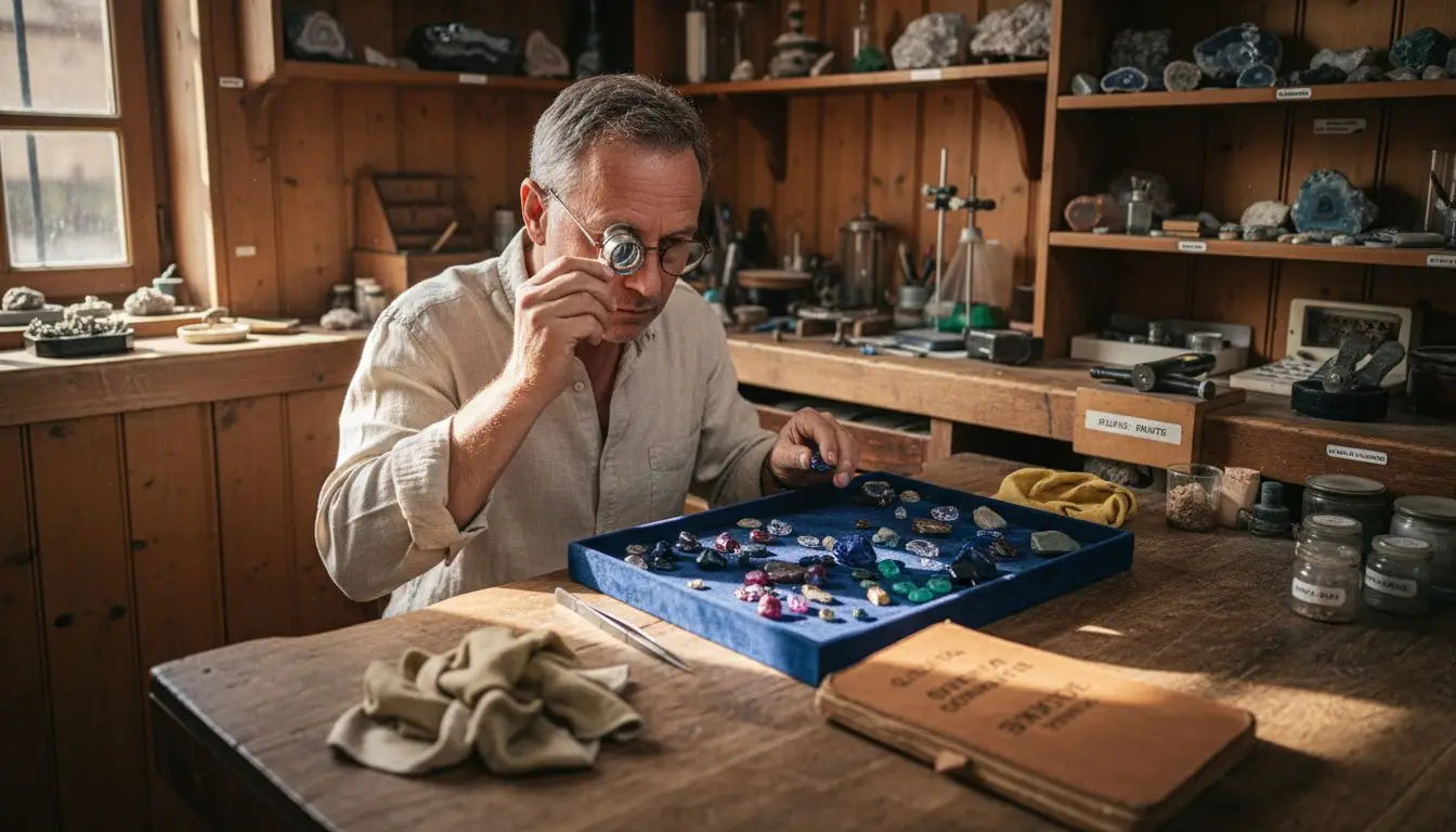 Un gemmologue en pleine analyse de pierres précieuses dans son atelier. Image