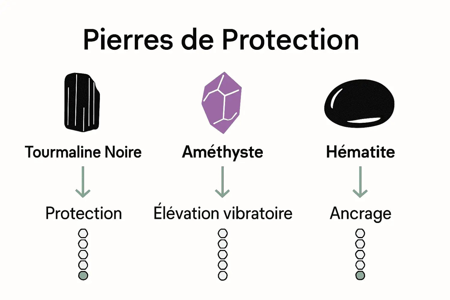 Infographie comparative des pierres de protection, Tourmaline, Améthyste, Hématite.