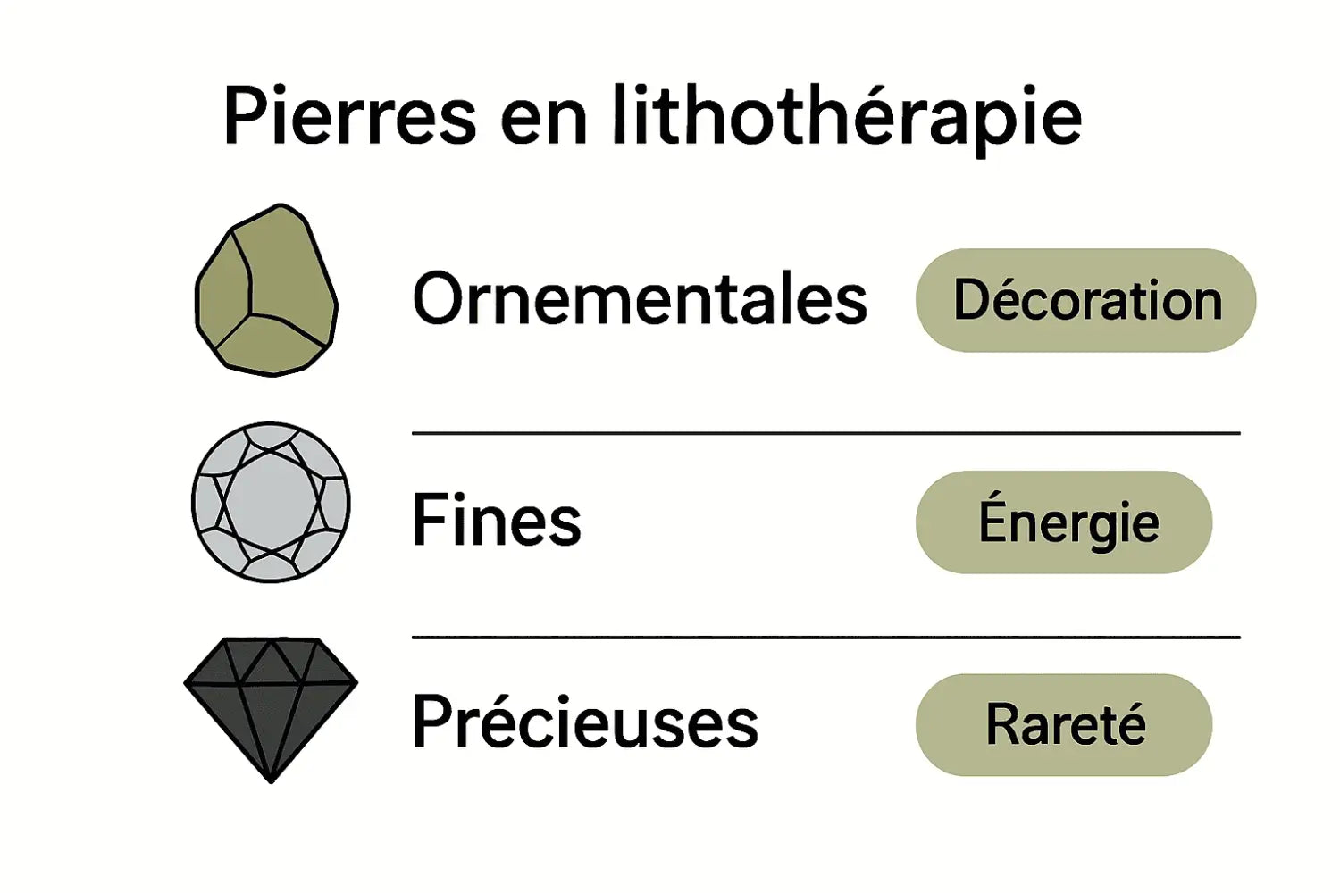Infographie sur les trois catégories de pierres en lithothérapie