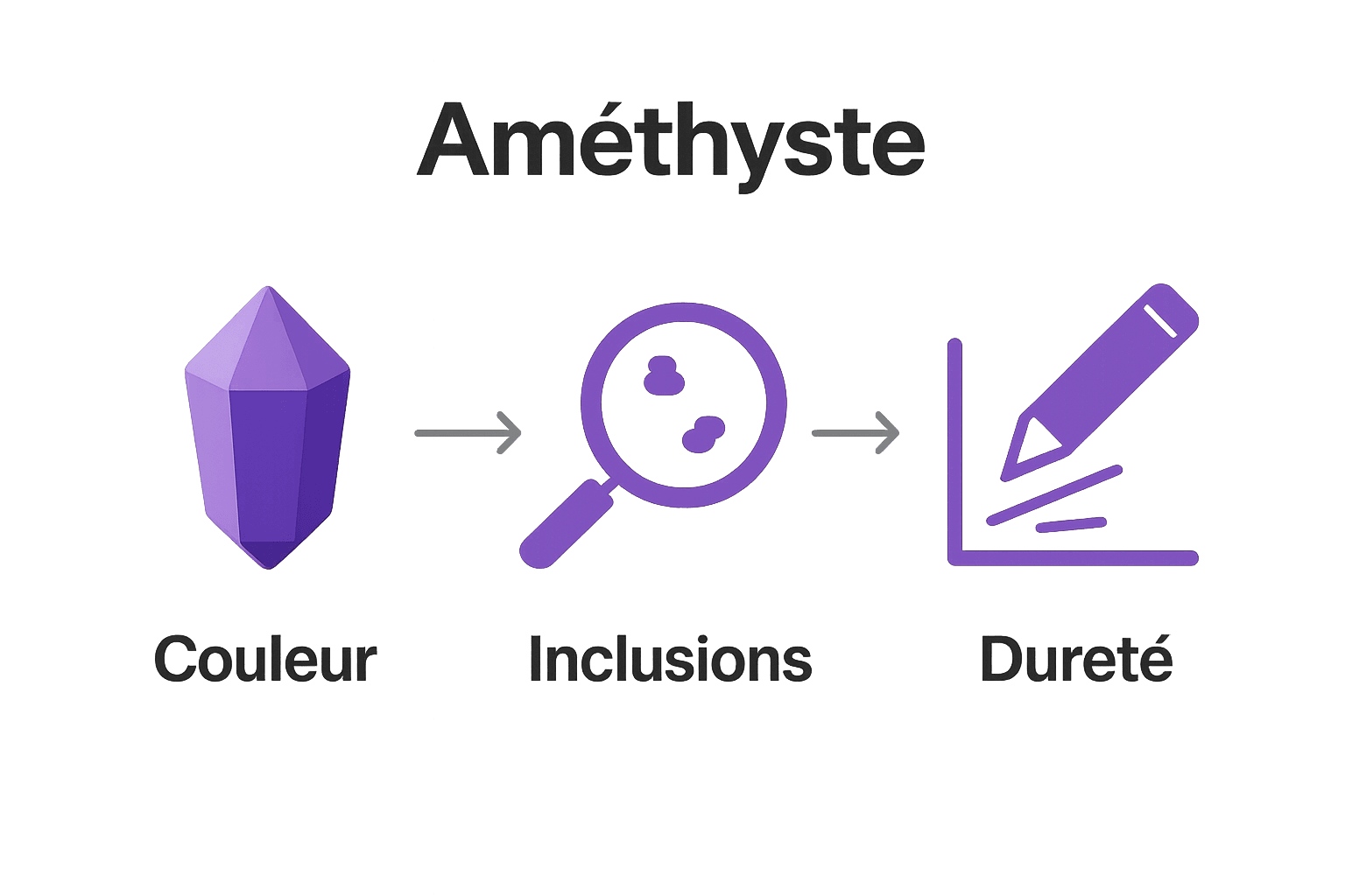 Infographie sur l’authentification, l’aspect et le test de l’améthyste.