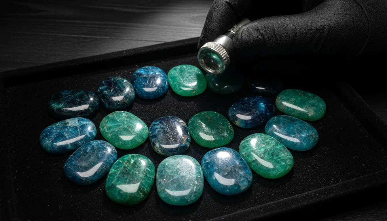 Polished blue and green apatite gemstones arranged