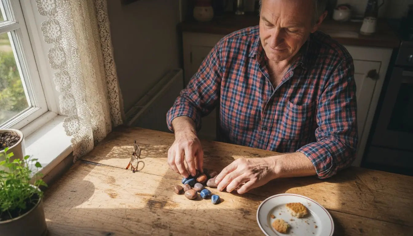 Sorting red and blue stones on kitchen table