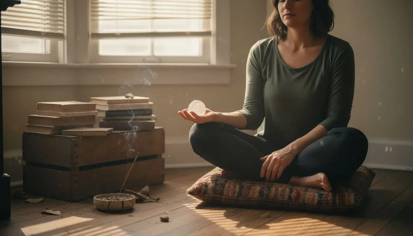 Woman meditating with quartz in hand