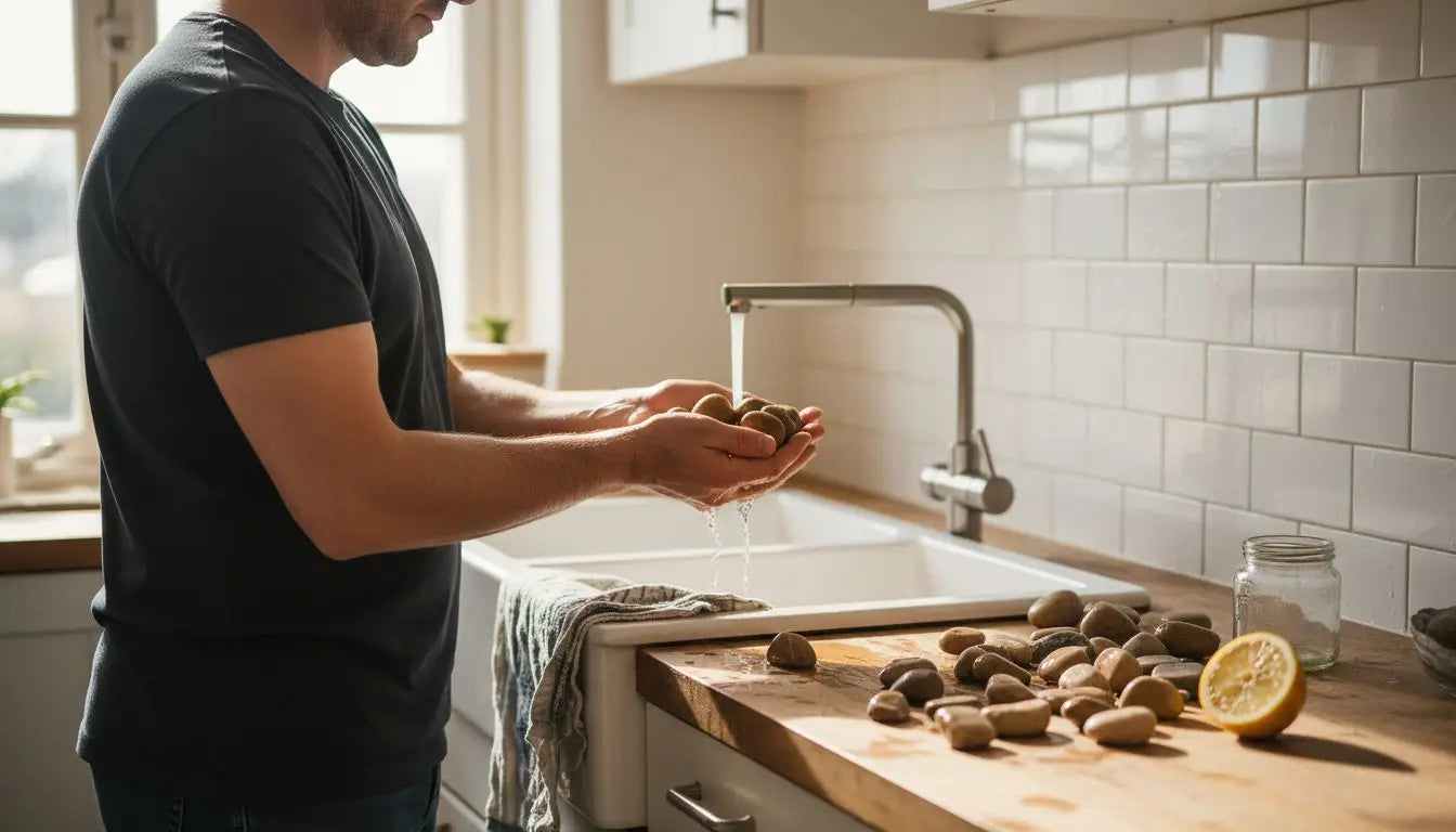 Man cleaning natural stones at kitchen sink