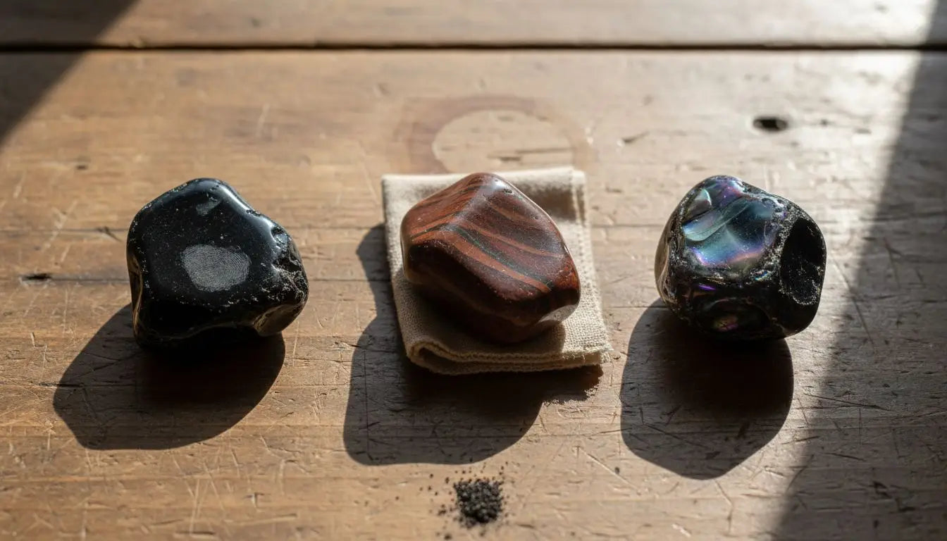 Three types of obsidian on wooden table