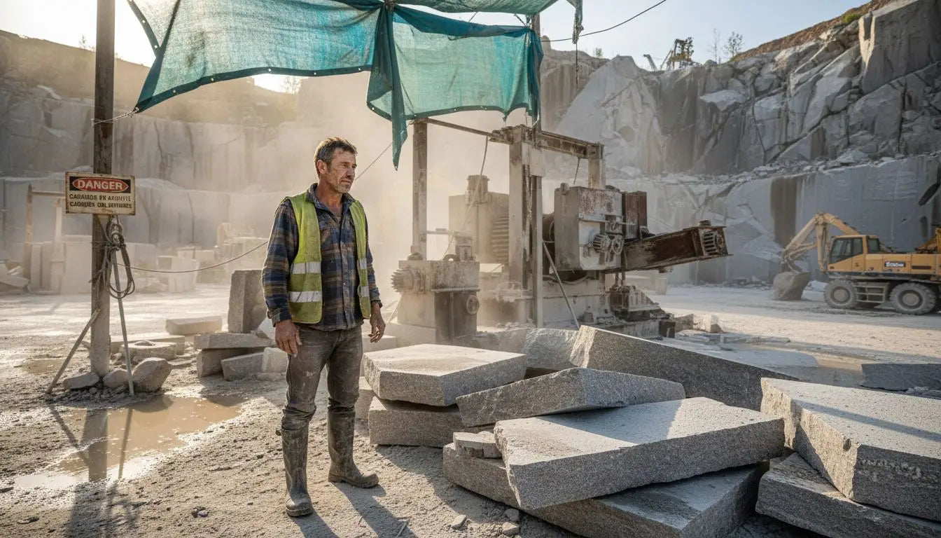 Un tailleur de pierre observe attentivement l’activité dans la carrière de granit.