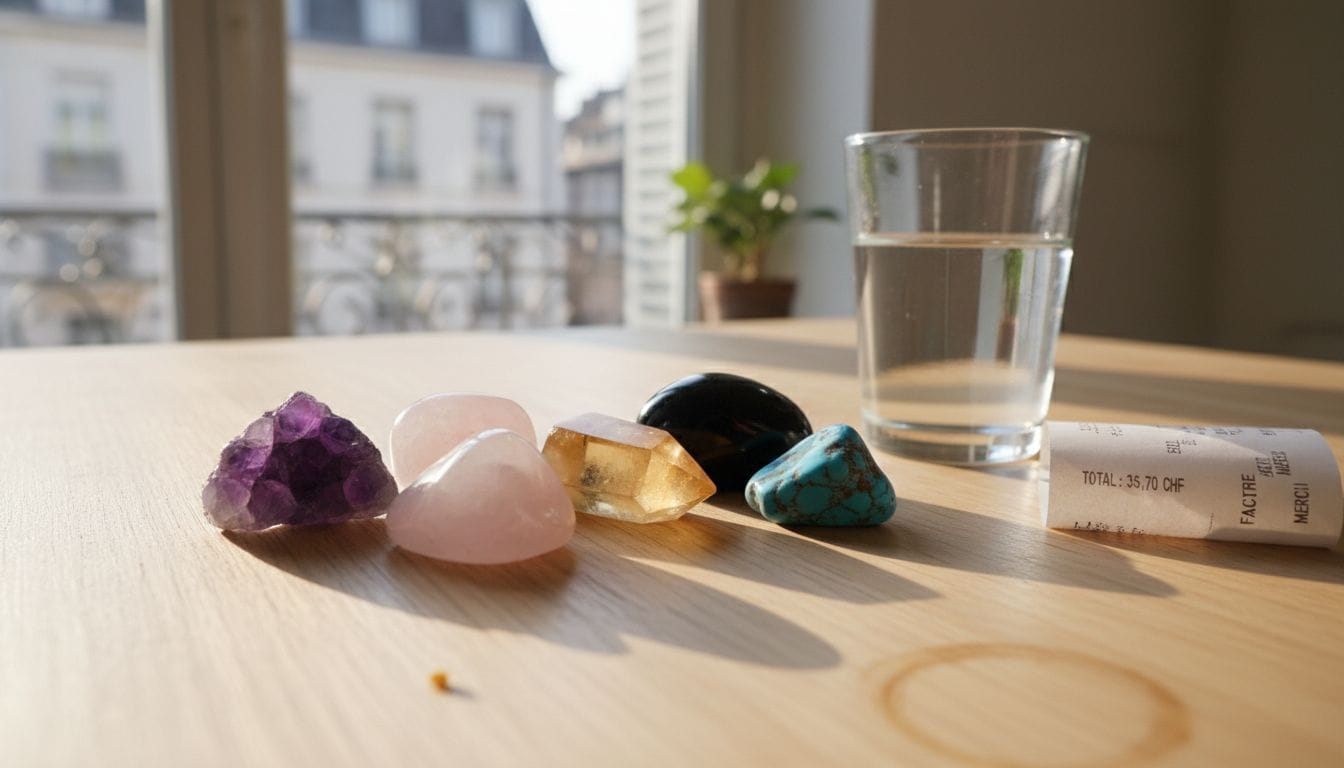 Une sélection de pierres aux vertus bienfaisantes disposées sur la table