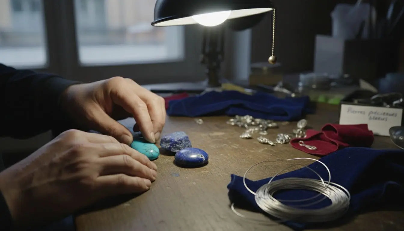 Un éventail de pierres bleues soigneusement disposées sur l’établi d’un joaillier.