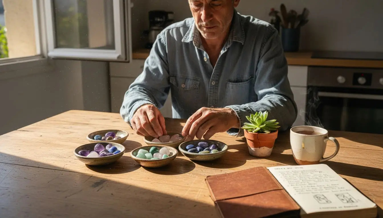 Un homme trie des pierres précieuses et les dépose soigneusement dans des coupelles en céramique.